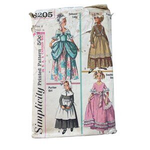 60s Simplicity 6205 Costume Pattern Size 6 Colonial Lady Puritan Belle 1965 CUT